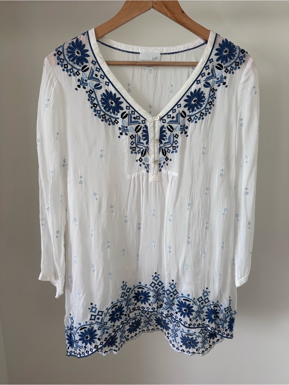 J. Jill White Peasant Tunic with Blue Floral Embroidery - Picture 2 of 9
